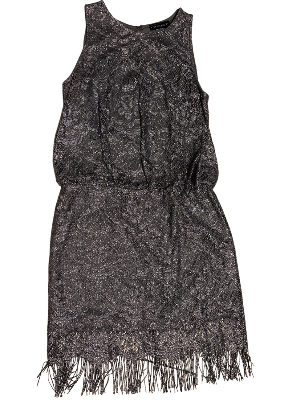 Vintage Cachet Silver Lace Fringe Mini Dress